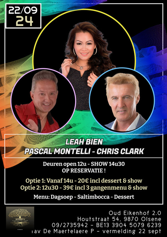 Concerten Diner & dance live optreden Pascal Montelli, Chris Clark & Leah Bien