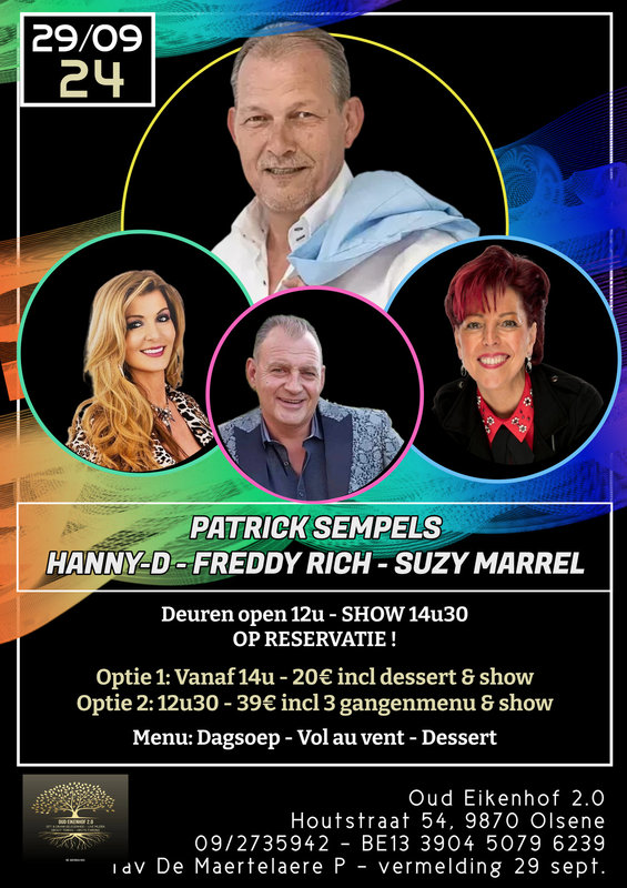 Concerten Diner & dance live optreden Hanny-D, Patrick Freddy Rich & Suzy Marrel