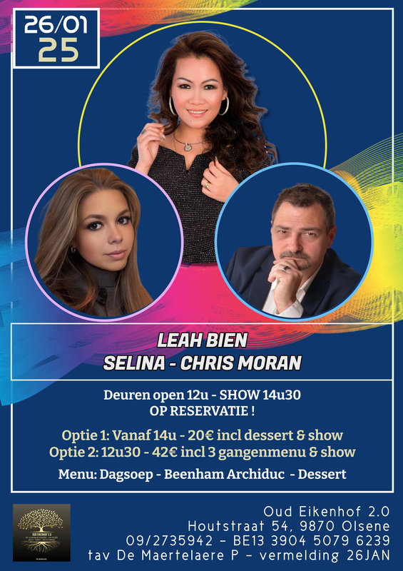 Concerten Diner & dance live optreden Selina, Chris Moran & Leah Bien