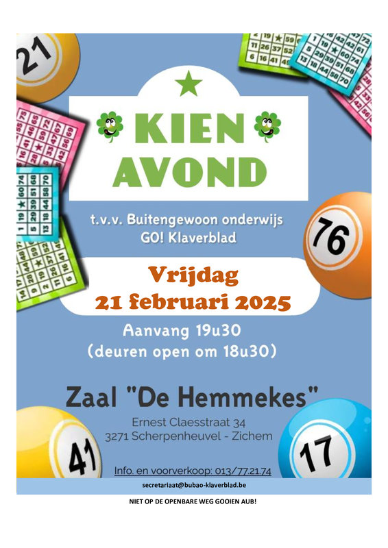 Ontspanning Kienavond t.v.v. Buitengewoon onderwijs ! Klaverblad